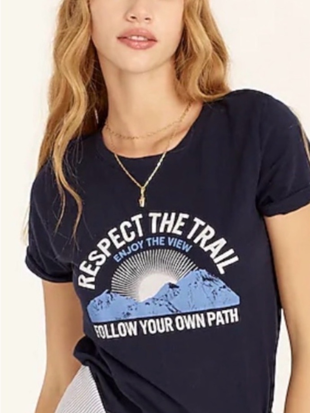 J. Crew Navy Graphic 'Respect The Trail' Short Sleeve Tee with Light Blue Print